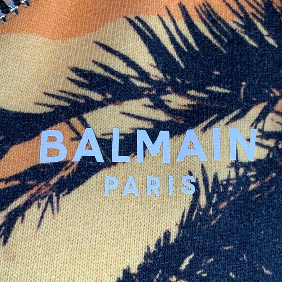 BALMAIN Size L Black Orange Blue Tropical Cotton Hooded Zip Up Sweatshirt - Picture 2 of 10